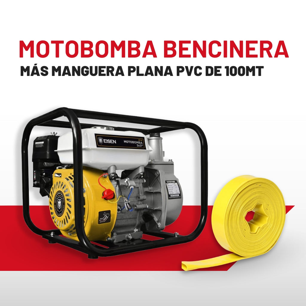 Motobomba Bencinera de Agua 3x3 + Manguera PVC 3'' 100m